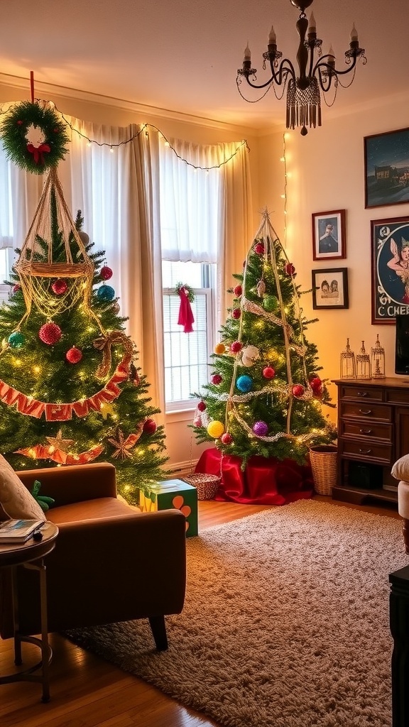 A 70s themed Christmas living room with a colorful tree, macramé decor, and retro lights.